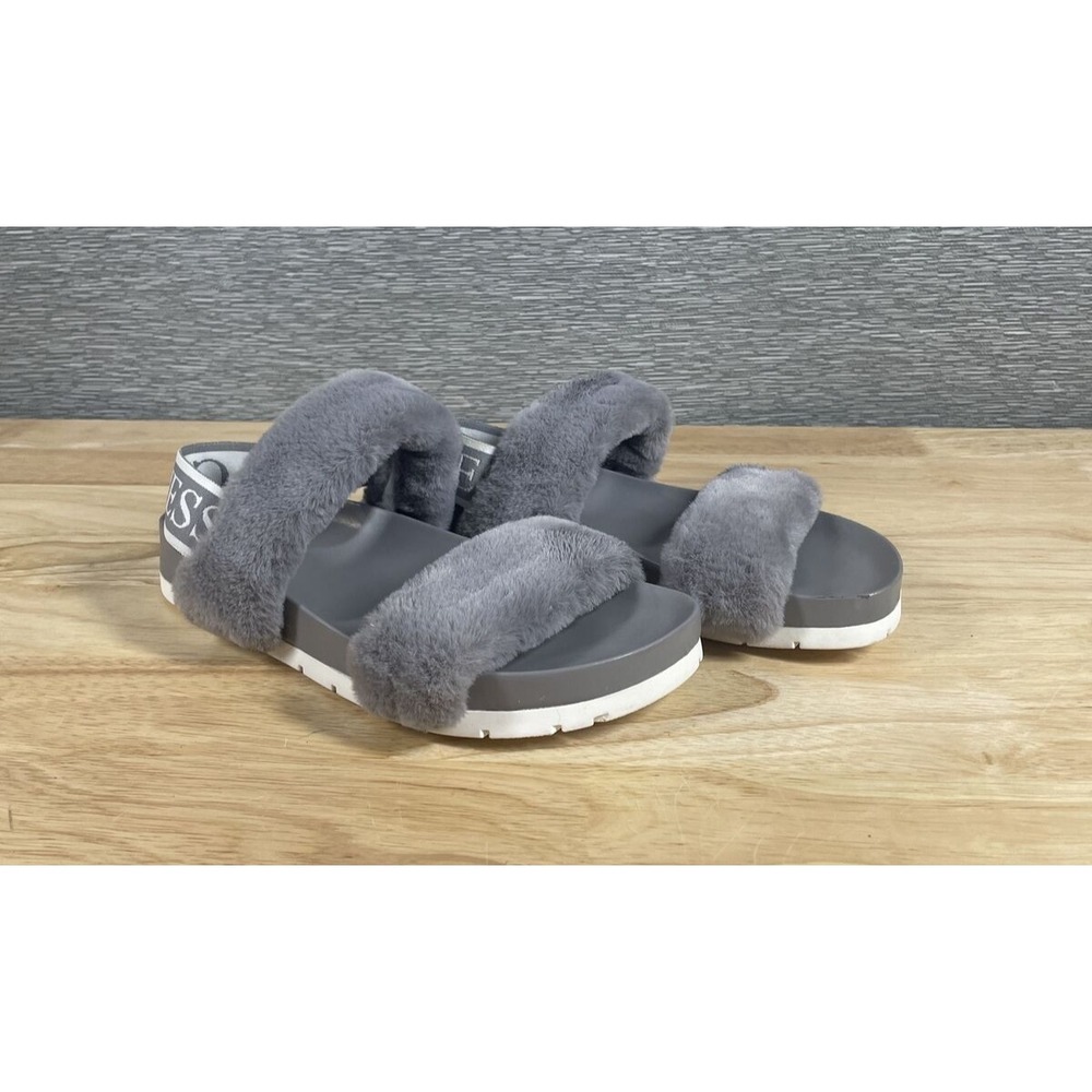 GUESS Comfy‎ Fluffy Women Cozy Slipper Grey Sandals Size 6 M
